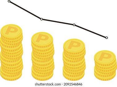 Gráficos descendentes que se pueden usar para la economía y la economía, monedas apiladas