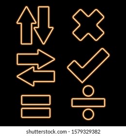 up , dows ,left ,right arrow neon icon.Accept and Decline neon icon.Equal and Division sign neon. Elements of web set. Simple icon for websites, web design, mobile app, info graphics