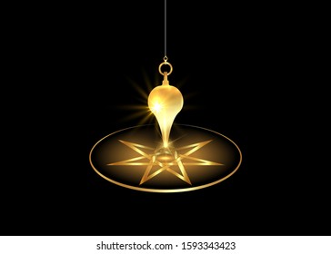 dowsing pendulum for using asking questions. Esoteric gold pendulum magic for divination and astrology wheel, golden seven point star or septagram, vector isolated on black background 