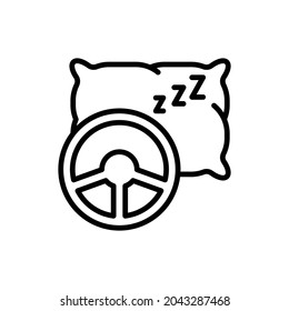 Dowsy driving, steering wheel and pillow thin line icon. Modern vector illustration of danger on road.