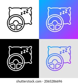 Dowsy driving, steering wheel and pillow thin line icon. Modern vector illustration of danger on road.
