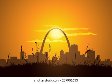 Dowtown St. Louis visible from East St. Louis, during sunset. 