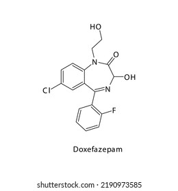 Doxefazepam molecule flat skeletal structure, Benzodiazepine class drug used as Sedative, hypnotic agent. Vector illustration on white background.