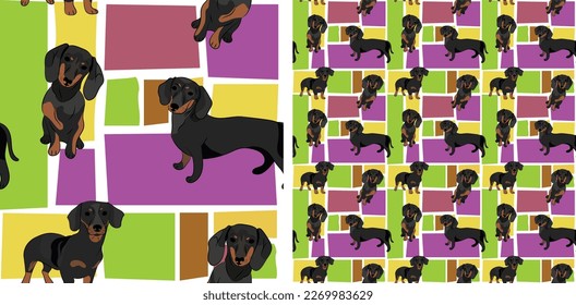 Doxie dog summer bright wallpaper. Holiday abstract shapes square seamless background, repeatable pattern. Birthday wallpaper, Christmas present, print tiles. Simple puzzle with dogs, for pet lovers. 