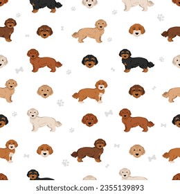 Doxiepoo seamless pattern. Dachshund Poodle mix. Different coat colors set.  Vector illustration