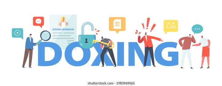 Doxing Concept. Characters Gathering Target Individuals Sensitive Data and Making It Public. Online Information Hacking and Exploit Poster, Banner or Flyer. Cartoon People Vector Illustration