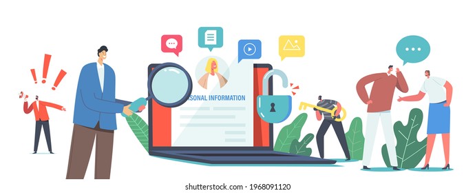 Doxing Concept. Hacker Character Gathering Target Individuals Sensitive Data and Making It Public. Online Information Hacking and Exploit or Dissemination Results. Cartoon People Vector Illustration
