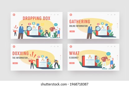 Doxing, Dropping Dox Landing Page Template Set. Hacker Character Gathering Individuals Data and Making It Public. Online Information Hacking Result Dissemination. Cartoon People Vector Illustration