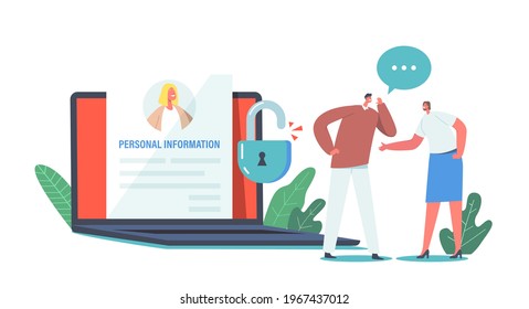 Doxing, Internet Harassment, Sensitive Data Publication. Characters Whisper at Huge Laptop Discussing Personal Information of Famous Person Published in Internet. Cartoon People Vector Illustration