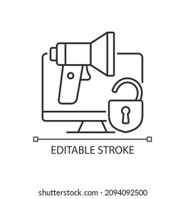 Doxing linear icon. Revealing personal private information. Social engineering. Thin line customizable illustration. Contour symbol. Vector isolated outline drawing. Editable stroke. Arial font used