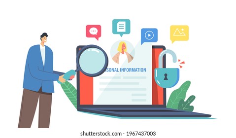 Doxing, Online Information Hacking, Exploit or Dissemination Results Concept. Tiny Male Character with Magnifier Reading Individuals Sensitive Data at Huge Laptop. Cartoon People Vector Illustration