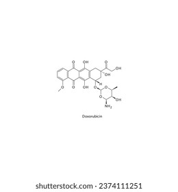 Doxorubicin flat skeletal molecular structure Anthracycline drug used in Breast cancer, Kaposi's sarcoma treatment. Vector illustration.