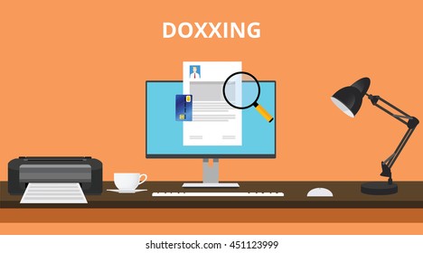 doxxing concept with personal data information search with pc computer and magnifying glass vector graphic illustration