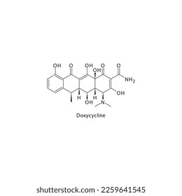 Estructura molecular esquelética plana de doxiciclina Antibiótico de tetraciclina utilizado en el tratamiento. Ilustración vectorial.