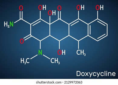 Doxycycline molecule. It is broad-spectrum tetracycline antibiotic used to treat a wide variety of bacterial infections. Structural chemical formula on the dark blue background. Vector illustration