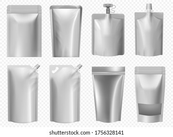 Doy Pack Template. Foil Pouch For Liquid Food, Juice, Mayonnaise, Ketchup. Blank Doypack Package Mockup Set. Silver Plastic Bag With Zipper Lock. Aluminum Packaging For Coffee And Soups.