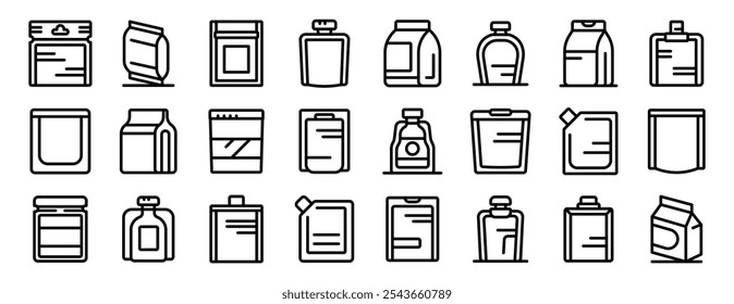 Doypack-Symbole eingestellt. Set von Beuteln und Packungssymbolen, die verschiedene Verpackungsoptionen für Lebensmittel, Flüssigkeiten und andere Produkte darstellen