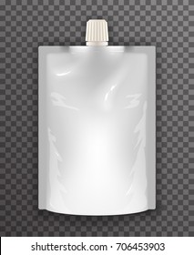 Doypack liquid sealed plastic sachet food bag stand upright transparent background template 3d realistic printing surface mockup vector illustration