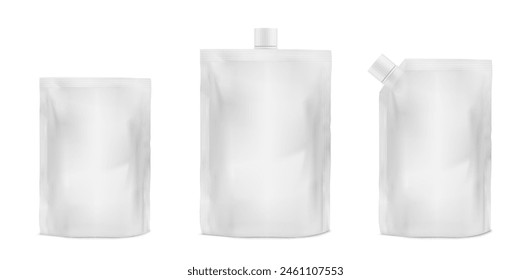 Doypack mockup for food or cosmetic branding. Realistic 3d vector illustration set of white pouch with zipper and cap. Template collection of blank plastic package or bag container for sauce.