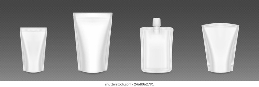 Doypack package mockup. Plastic blank pouch bag. 3d doy pack with cap mock up for drink product or liquid soap. Sachet container with lid for detergent or ketchup for refill. Small mayonnaise wrapper