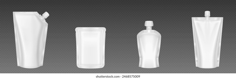 Doypack package mockup. Plastic blank pouch bag. 3d doy pack with cap mock up for drink product or liquid soap. Sachet container with lid for detergent or ketchup for refill. Small mayonnaise wrapper