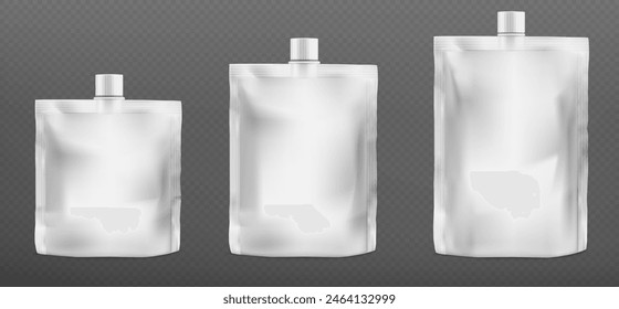 Doypack or pouch bag mockup. Plastic pack with cap mock up. 3d white drink juice, liquid food or detergent container packaging asset. Isolated clear refill sauce or soap stand bottle packet vector