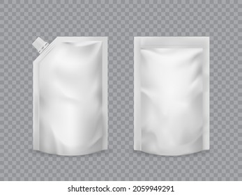 Doypack pouch realistic food packaging mockup. Ketchup, sauce, mayonnaise doypack. 3d vector foil or paper package, sachet pouches with screw cap. Blank white doy packs for product isolated mock up