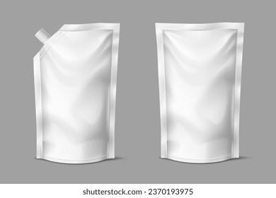 Doypack with spout, pouch pack package mockup. Isolated realistic 3d vector food packaging. Ketchup, sauce, mayonnaise foil or paper package, sachet with screw cap. Blank white doy packs for product