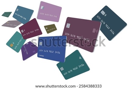 A dozen credit cards, or debit cards, are seen flying and floating, hovering above a white surface.
