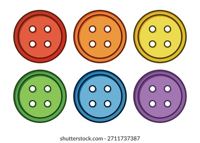 Una docena de Botones de color arcoíris con cuatro agujeros y forma circular. Colección de Botón del agujero del círculo. Brillante divertido feliz costura de dibujos animados resumen simple lindo escuela enseñar a aprender principiantes. 
