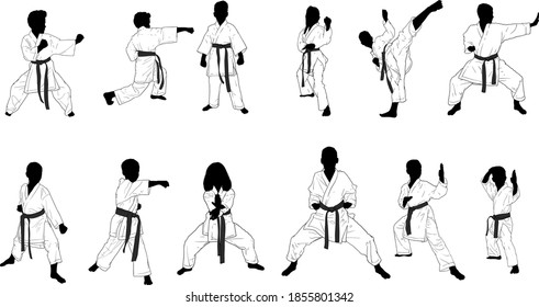 a dozen silhouettes of karate kids in kimonos in different defensive and attacking positions