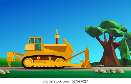 Dozer at forest vector color illustration in simple spot color low poly style