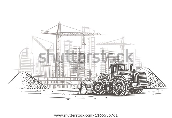 Dozer on\
construction site sketch. Vector.\
Layered.