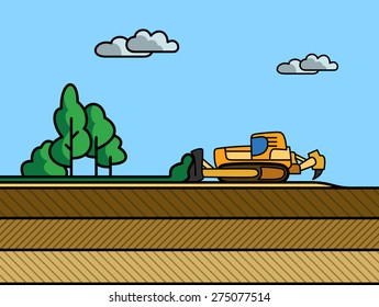 Dozer removal of the top ground layer vector color illustration in simple spot color