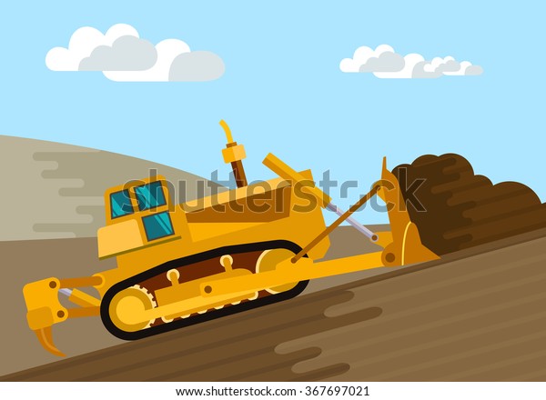 Dozer removal of the top ground layer vector\
color illustration in simple spot\
color