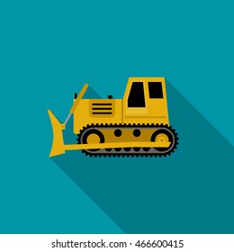 Dozer Simple Illustration Flat Style. Vector Icon Of Building Machinery With Long Shadow.