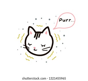 Dozing kitten in a linear style. Purr text in a speech bubble. Vector isolated illustration