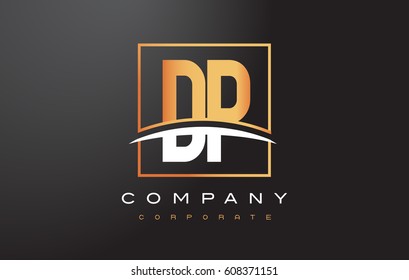 DP D P Golden Letter Logo Design with Swoosh and Rectangle Square Box Vector Design.