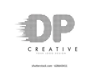 DP D P Letter Logo Design with Black Dots and Bubble Trails.