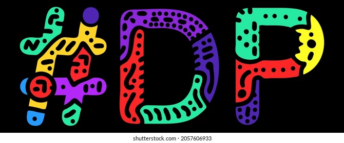 DP Hashtag. Multicolored bright isolate curves doodle letters. Popular Hashtag #DP for double penetration, Adult resources, mobile apps. Stock vector picture