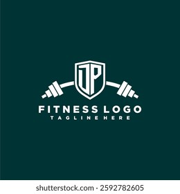 DP initial monogram for fitnes or gym logo with creative shield and barbell design