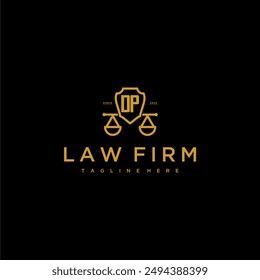 Monograma inicial DP para el logotipo de la firma de abogados con escalas y escudo de Imagen de lujo
