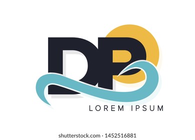 DP letter logo with ocean waves and sunset. Beach concept design
