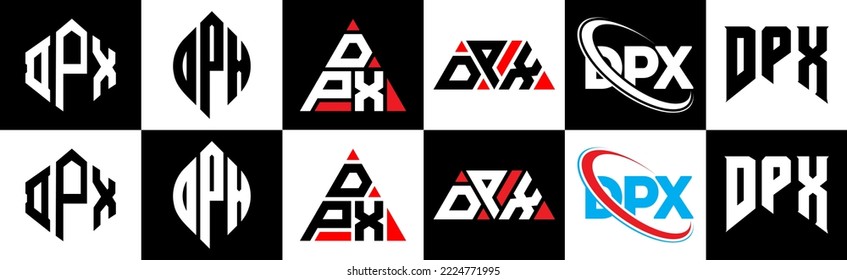 DPX Buchstaben Logo Design in sechs Stil. DPX Polygon, Kreis, Dreieck, Hexagon, flacher und einfacher Stil mit schwarz-weißem Farbänderungslogo in einer Zeichenfläche. DPX minimalistisches und klassisches Logo