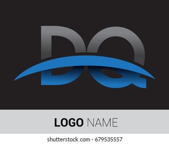 DQ initial logo company name colored grey and blue swoosh design.