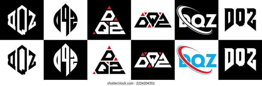 DQZ letter logo design in six style. DQZ polygon, circle, triangle, hexagon, flat and simple style with black and white color variation letter logo set in one artboard. DQZ minimalist and classic logo