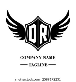 DR A bold winged shield emblem with customizable initials A-Z. Sleek black-and-white vector, perfect for branding, sports teams, motorcycle clubs, gaming,apparel and High-quality
