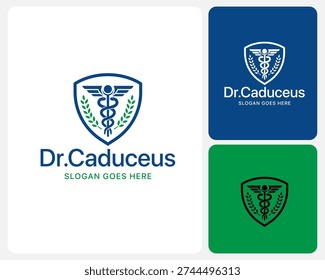 Dr. Caduceus Medical Logo Design With Shield Emblem, Caduceus Symbol And Laurel Leaves