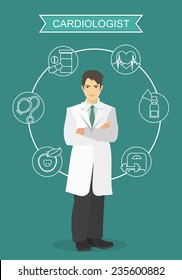 Dr. cardiologist is at full length on the background around it are situated icons Cardiology