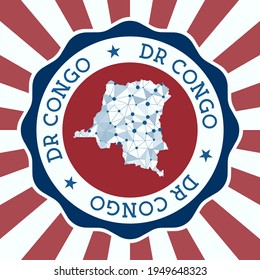 DR Congo Badge. Round logo of the country with a triangular mesh map and radial rays. EPS10 Vector.